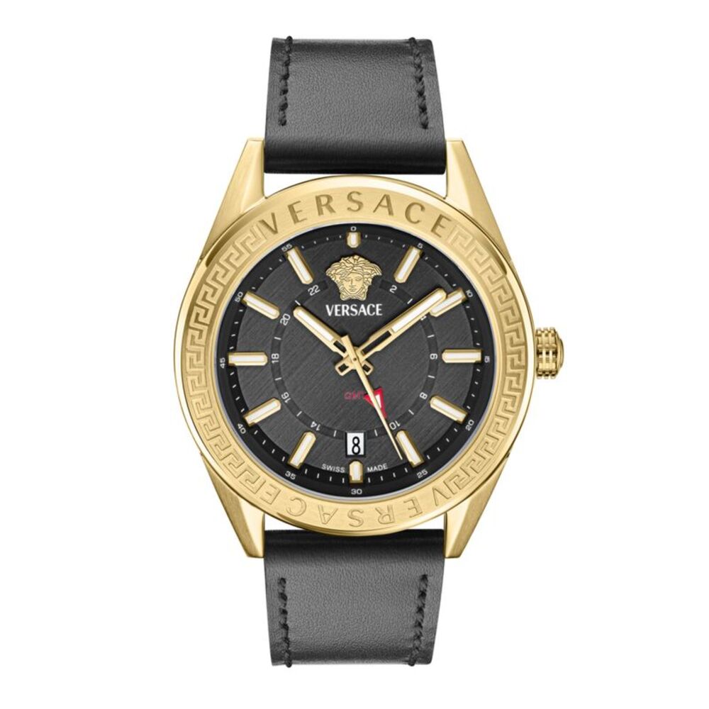 Versace V-Code GMT Leather Watch Gold Mens